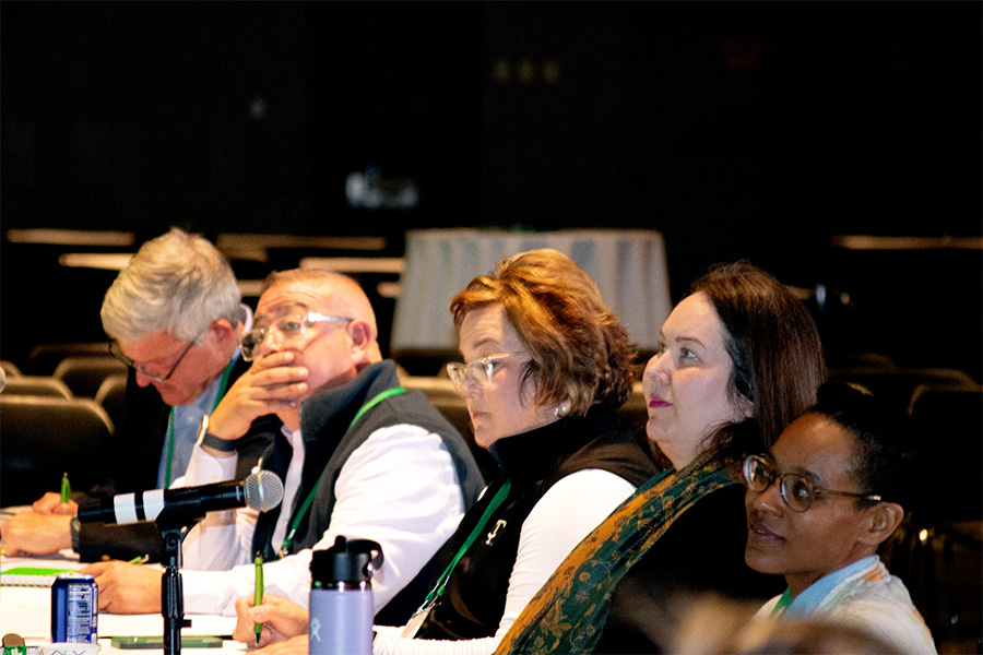 The judges listened intently to the finalists' pitches. From left to right: John P. Kepplinger, Jorge Gonzalez, Theresa Dubiel, Adrian Montague, and Terri Barker.